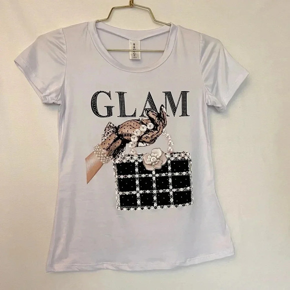 Glam Bling Bling Studded Top Short Sleeve White - Picture 1 of 7
